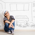 Dreaming woman in headset over drawn living room background